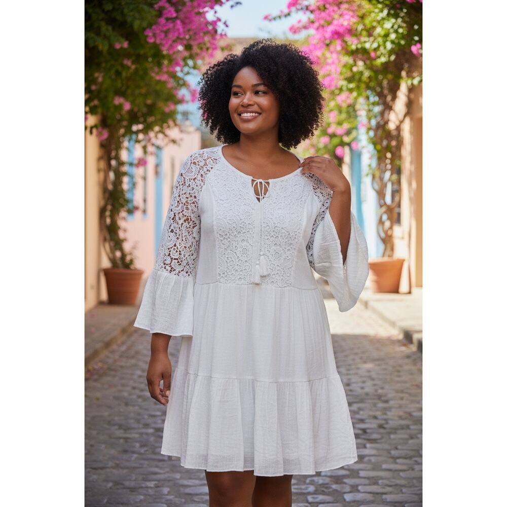 J Gee Sz 2X Crochet Bell Sleeve Dress Cream Tassel Tie Romantic